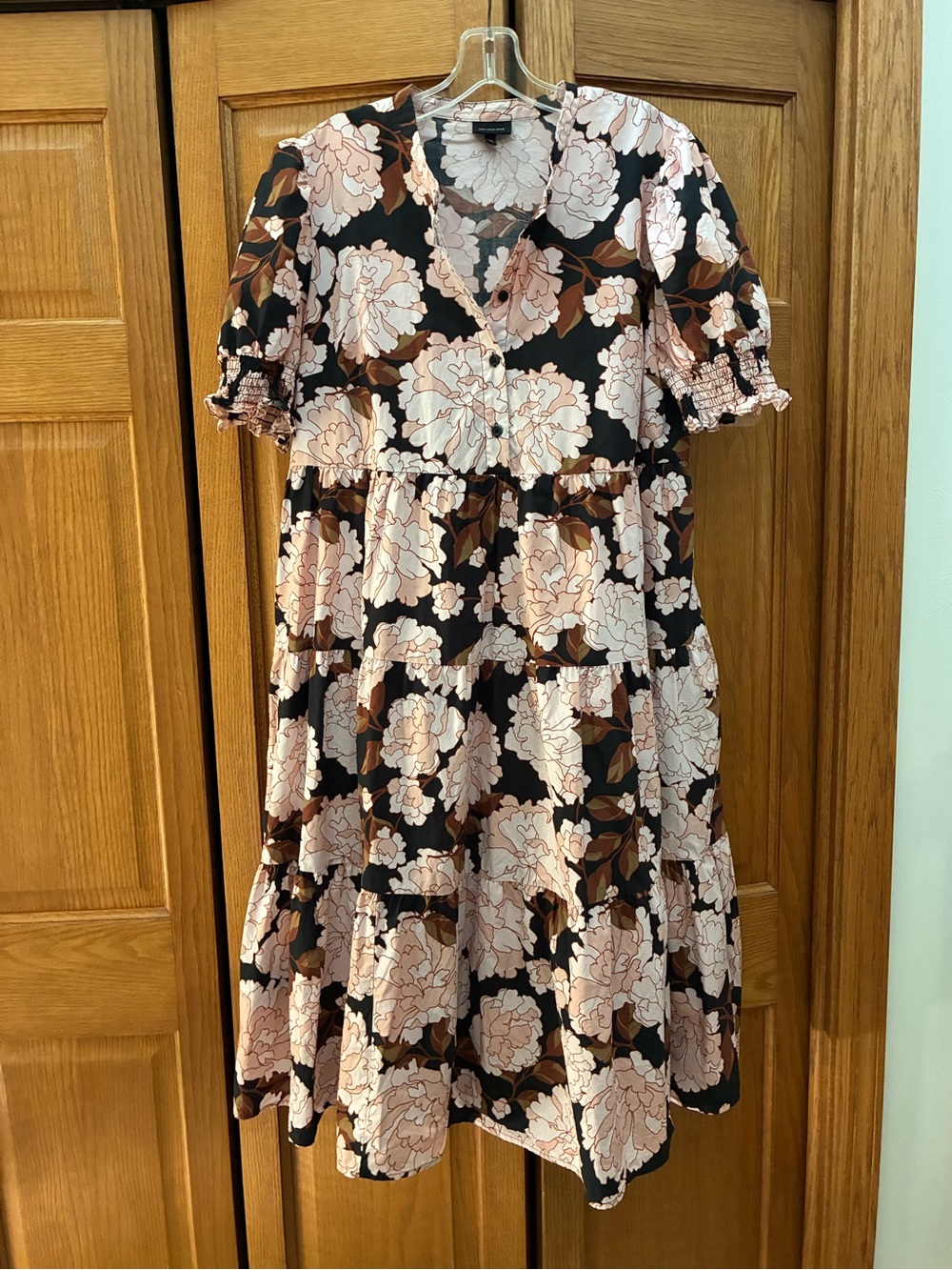 Who What Wear Black Midi Dress with Blush Floral and Brown Leaves